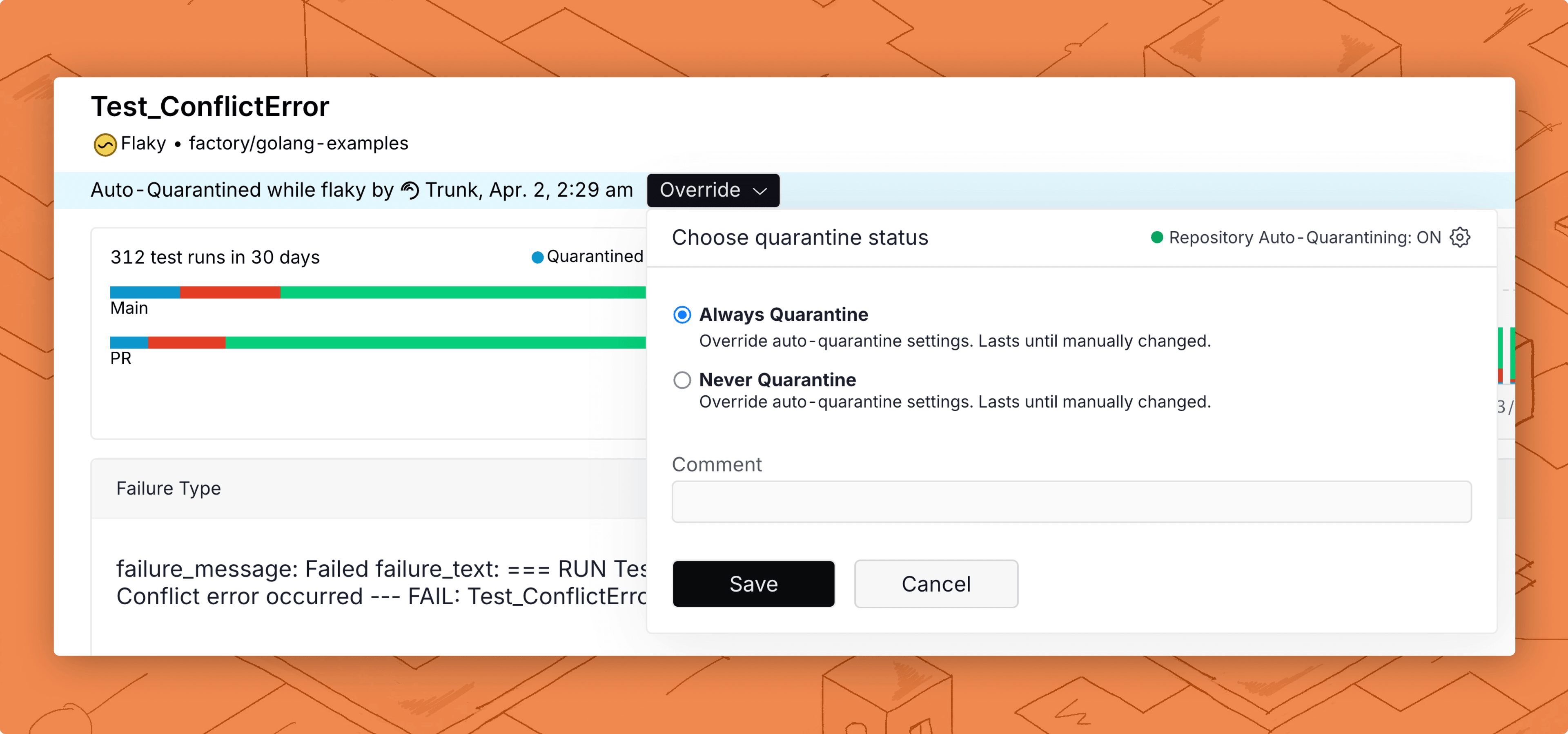 The override button is selected on the test details page with an open dialog that allows users to Always Quarantine or Never Quarantine the test. There is also a comment box, and save an cancel buttons