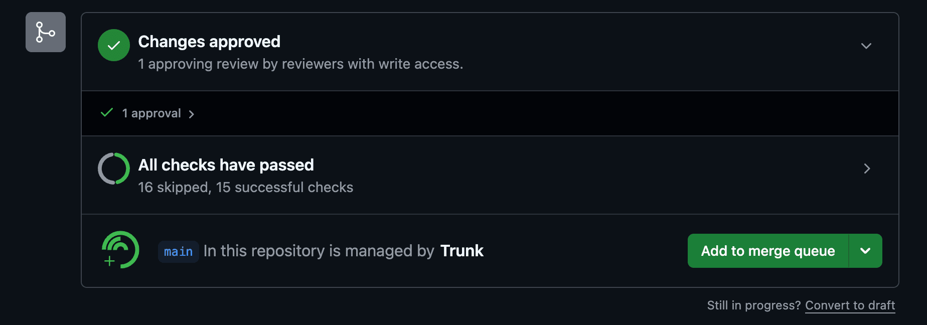 GitHub merge box managed by Trunk with an Add to merge queue button